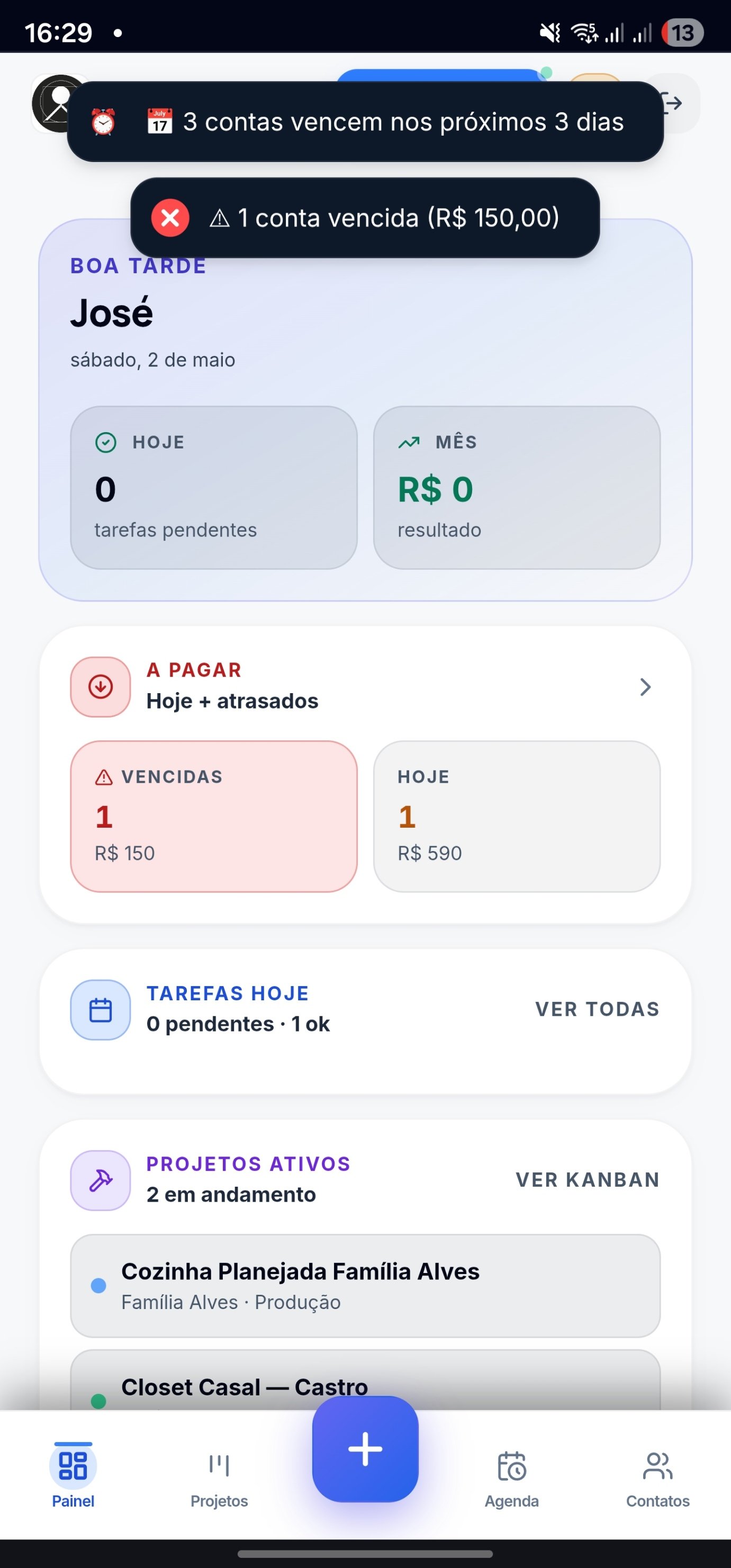 Painel do dono no celular
