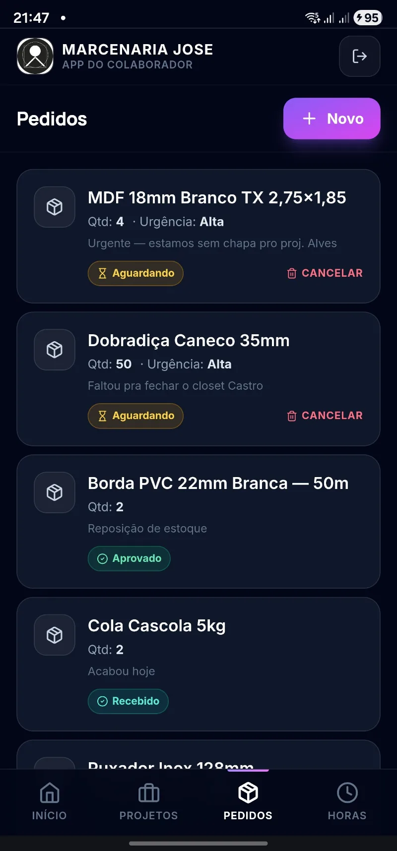 Tela do Calctto: App do Colaborador