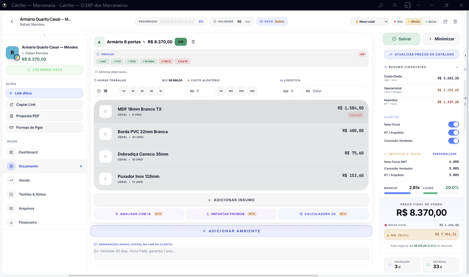 Orçamento com margem real