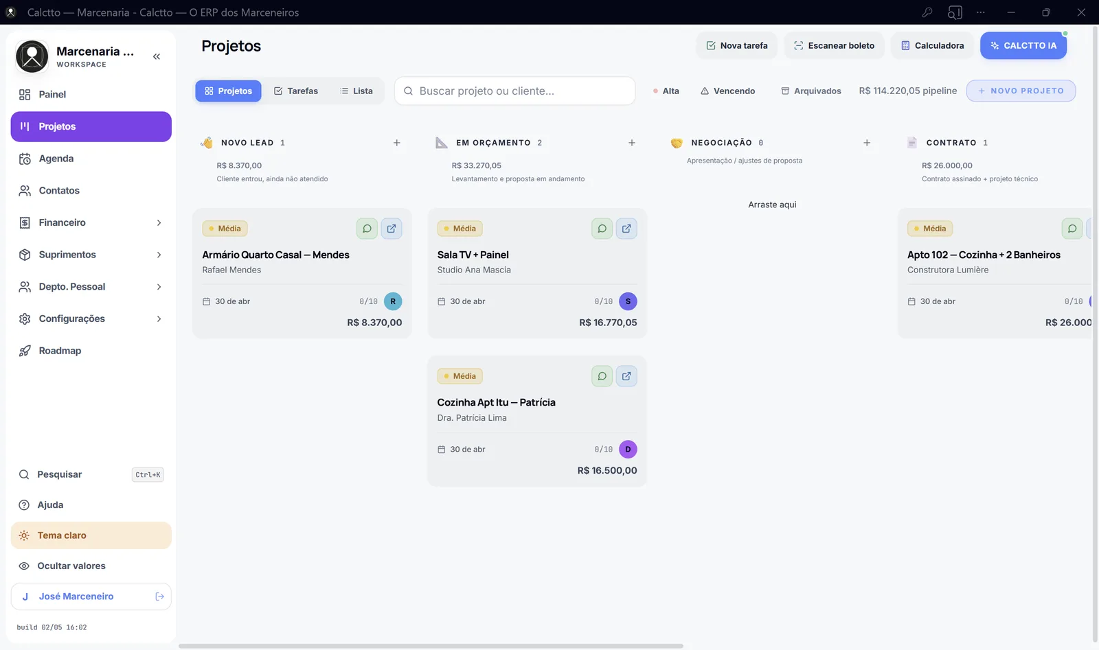 Tela do Calctto: Kanban de produção e Modo TV